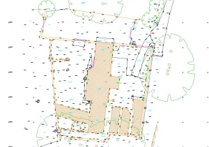 CAD drawing produced from a topographical survey showing site levels, buildings, boundaries, trees and existing features