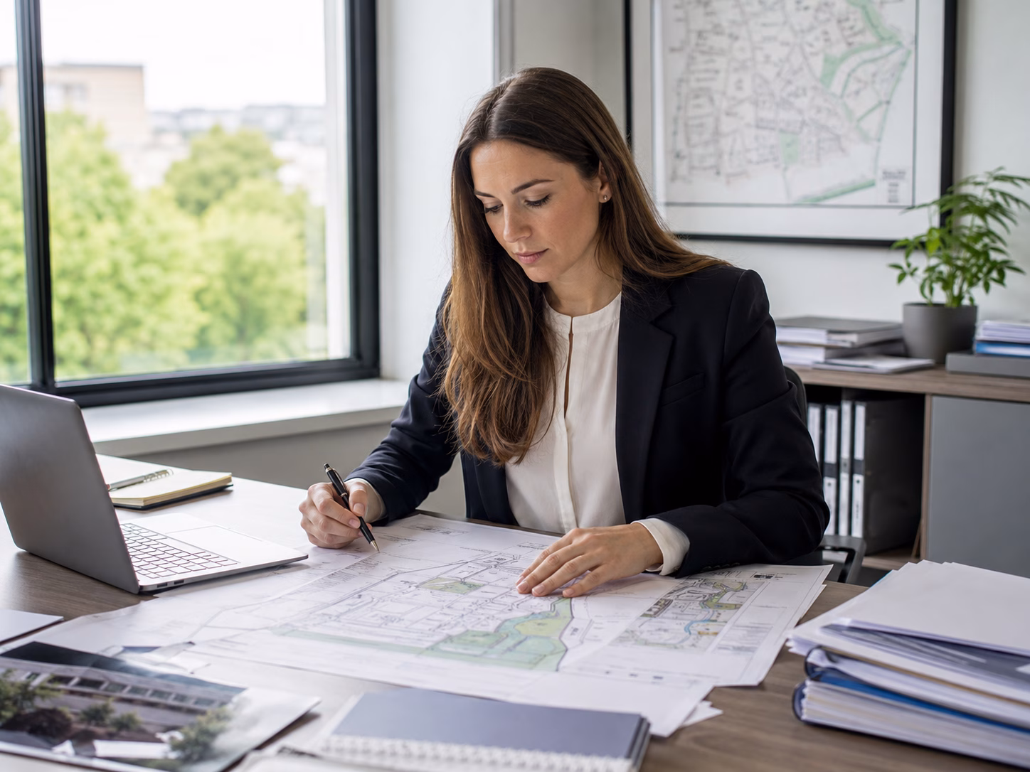 Planning consultant reviewing land survey drawing