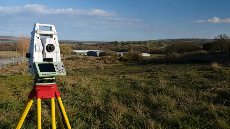 Topographical surveys using a total station on development site near Bristol