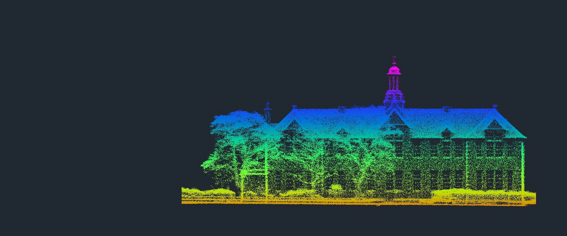 False-colour 3D point cloud data from 3D laser scanning of a building and surrounding land