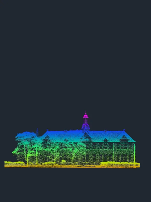 False-colour 3D point cloud data from 3D laser scanning of a building and surrounding land