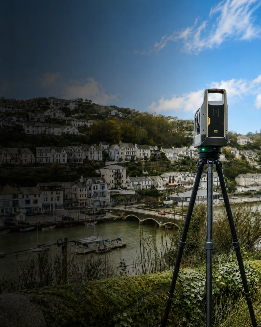 Trimble X9 3D laser scanner overlooking Looe Harbour for Pinpoint Mapping survey services