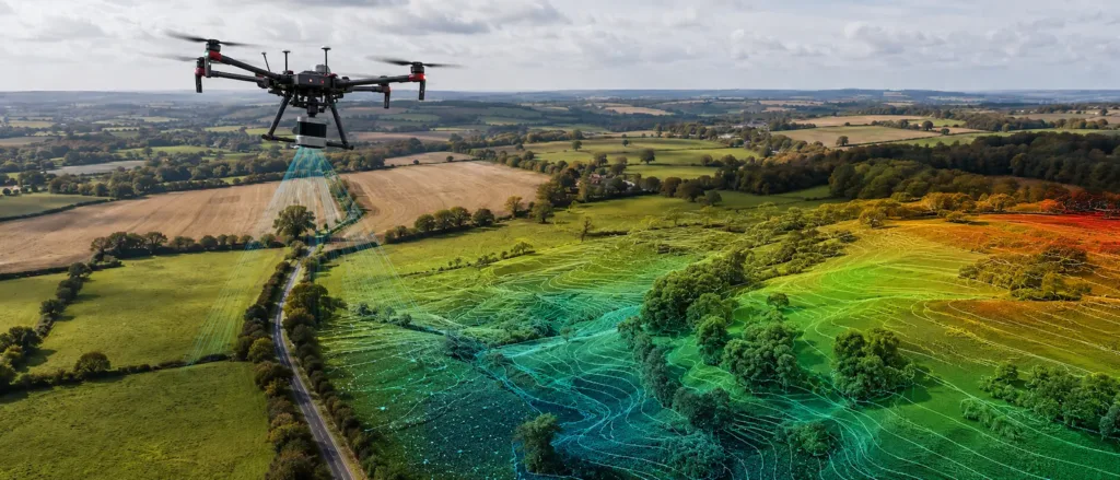 Aerial LiDAR survey drone mapping rural terrain with contour data