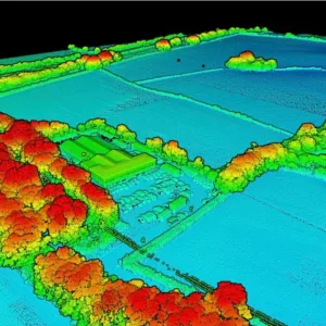 Aerial LiDAR surveys point cloud showing buildings, trees and surrounding rural terrain