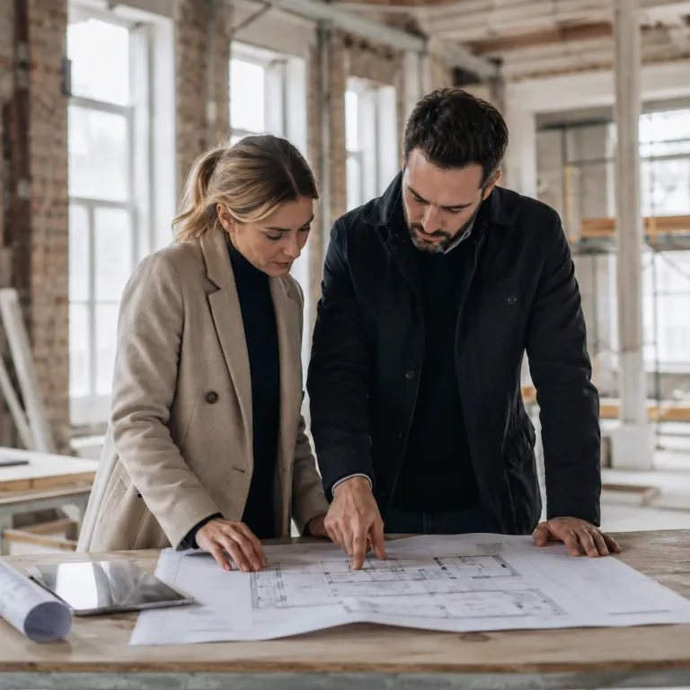 Architects reviewing measured building survey drawings for a design project