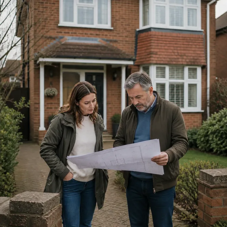 Homeowner reviewing measured building survey drawings outside a residential property