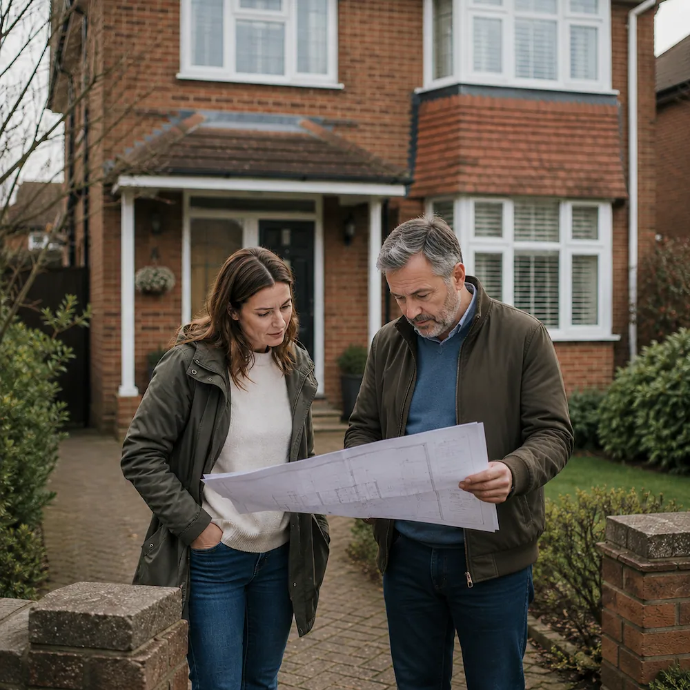 Homeowner reviewing measured building survey drawings outside a residential property