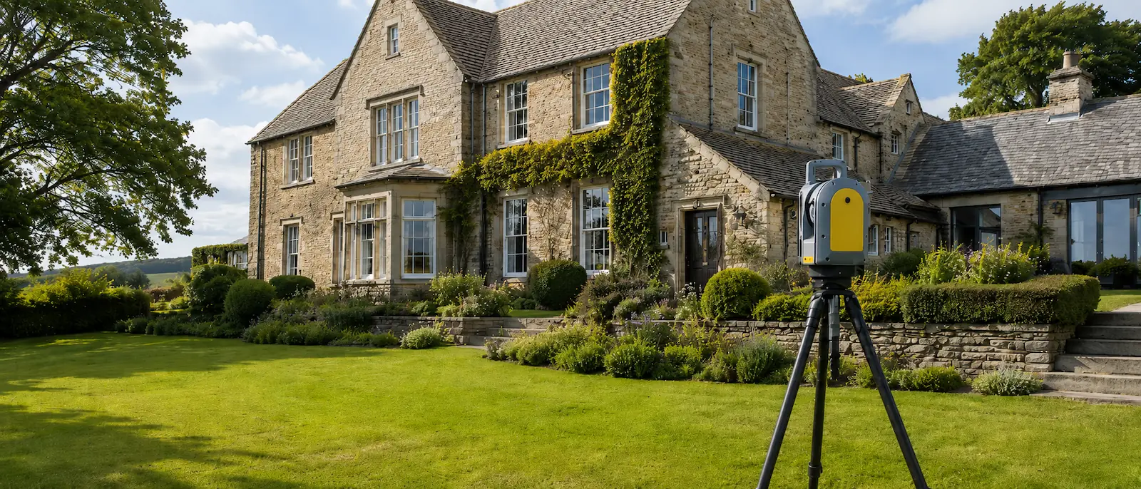 3D laser scanner surveying a country house for measured building survey drawings