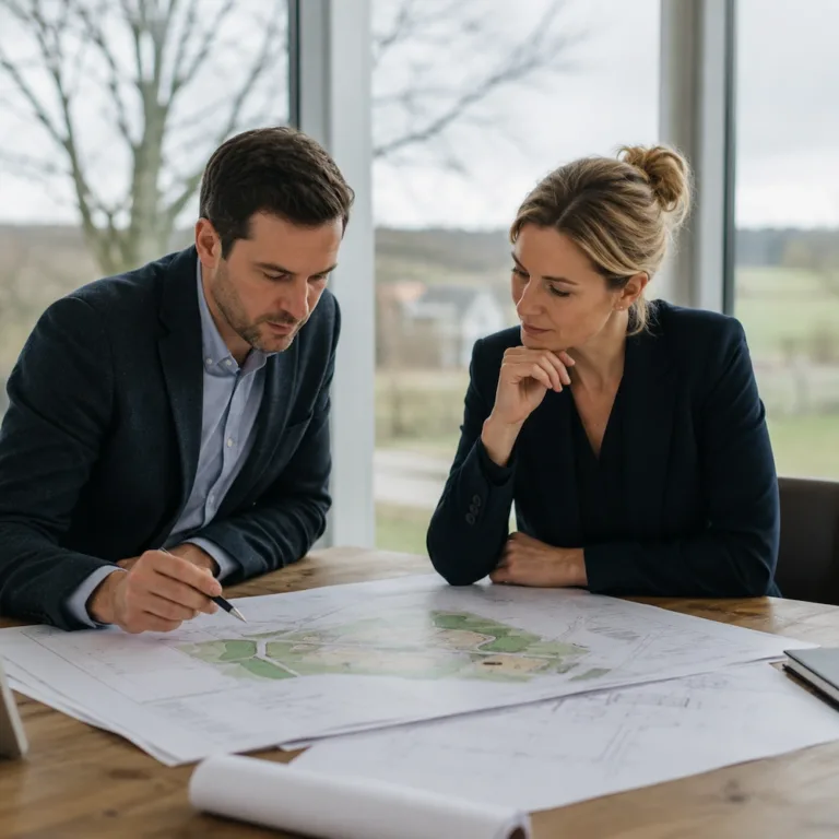 Planning consultants reviewing a topographical survey plan for a development project