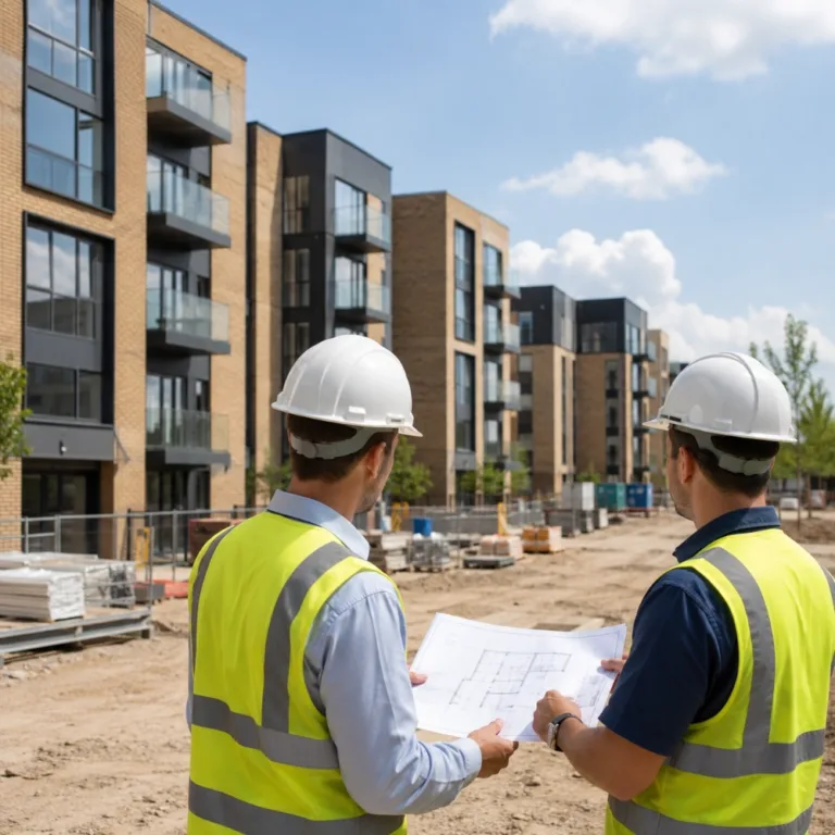 Property developers reviewing building plans at a residential development site