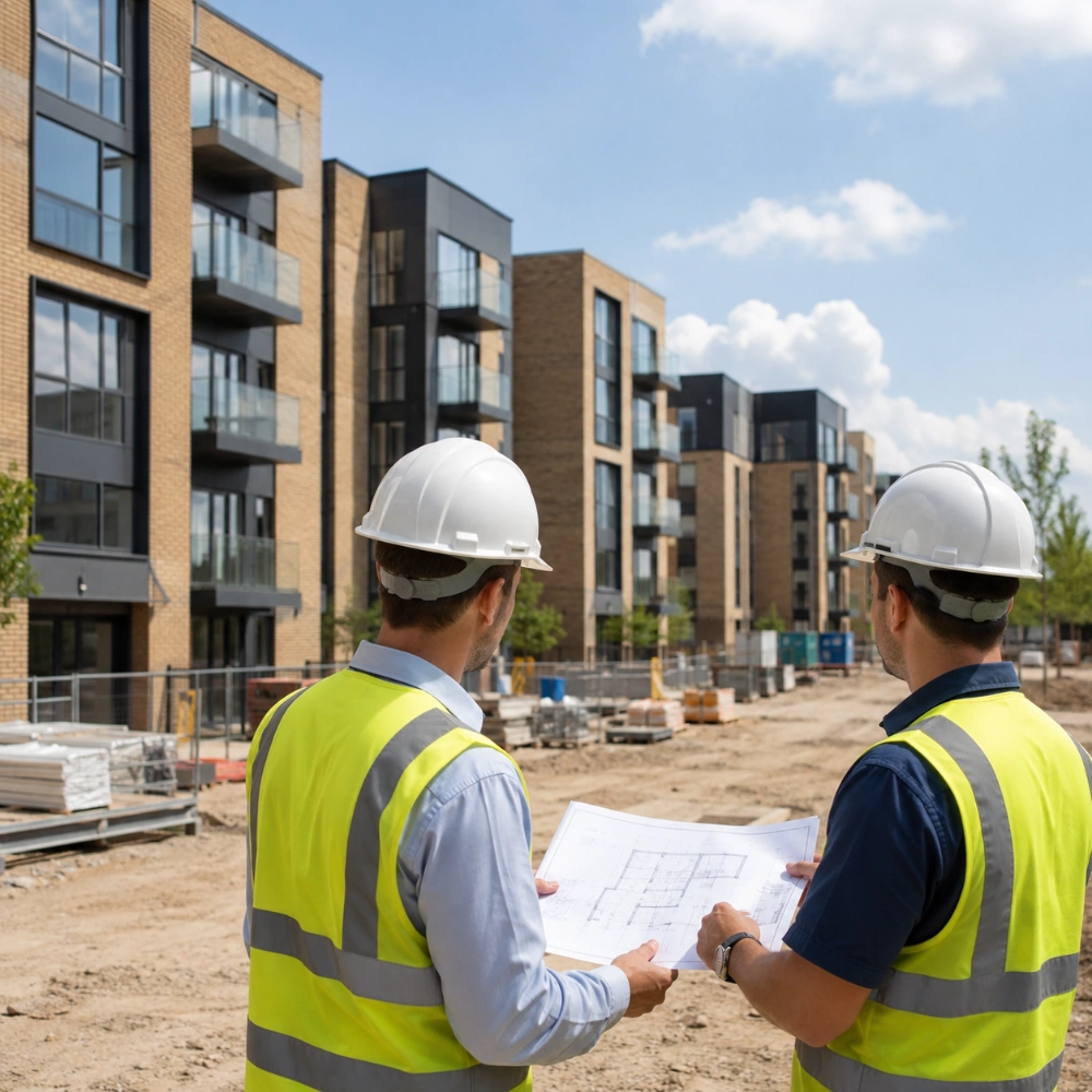 Property developers reviewing building plans at a residential development site
