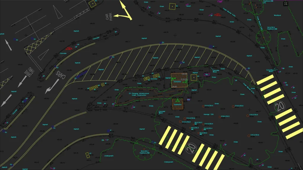 Topographical CAD survey drawing showing parking areas, levels and site features