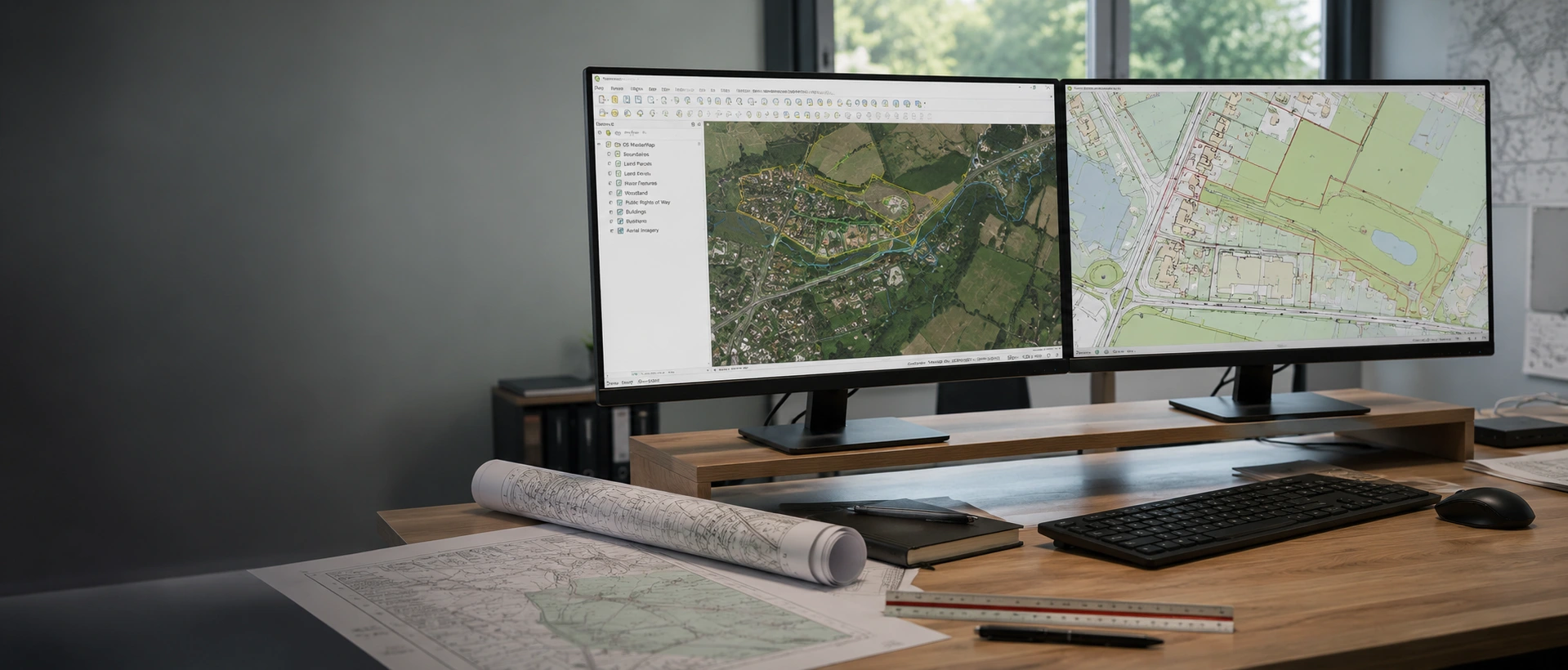 GIS Mapping Services workstation showing QGIS and digitised land mapping