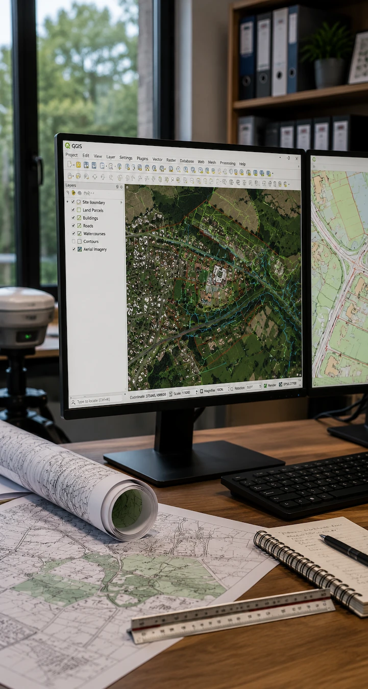 GIS Mapping Services mobile banner showing QGIS, digital mapping and survey plans