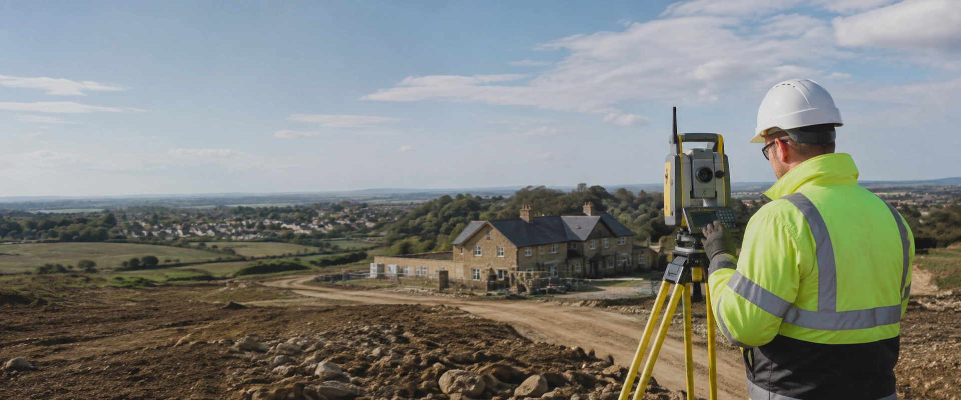 Land surveyor using a total station on a UK development site for Pinpoint Mapping News and Surveying Insights