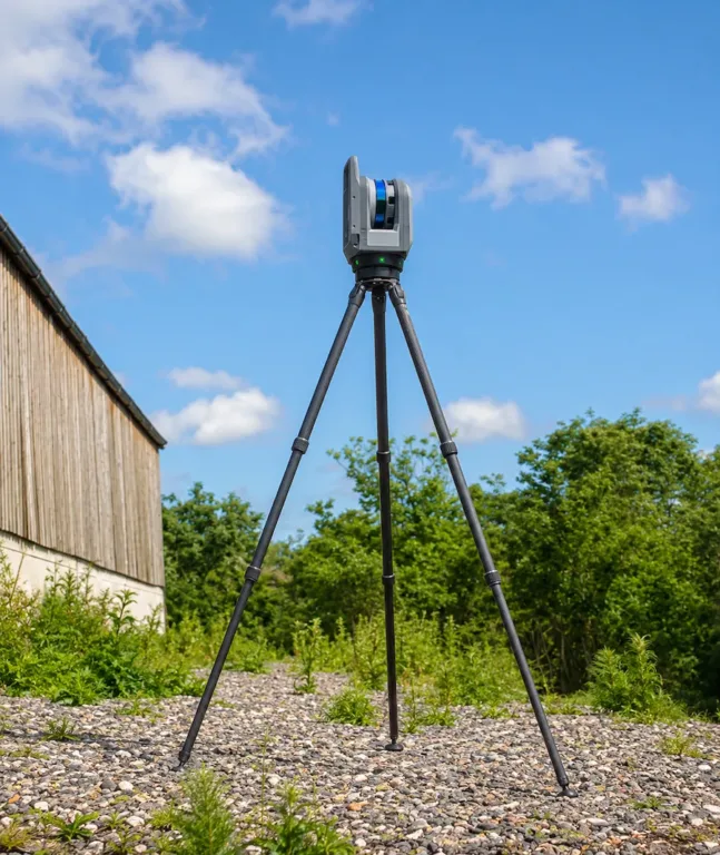 Trimble X9 laser scanner capturing 3D point cloud data for a measured survey